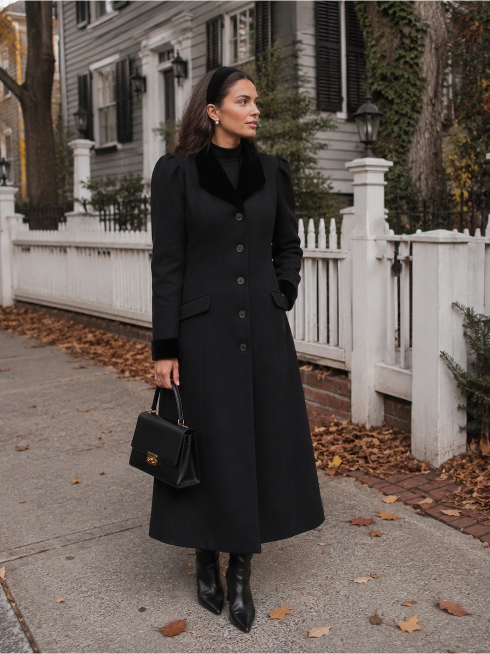 Vintage Laura Ashley Classic Long Black Button-Front Wool & Corduroy Coat